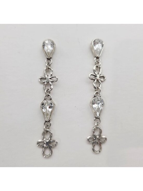 Brighton Jewelry - Brighton Earrings Silver Tone Rhinestone Floral Long Dangle Pieced Earrings